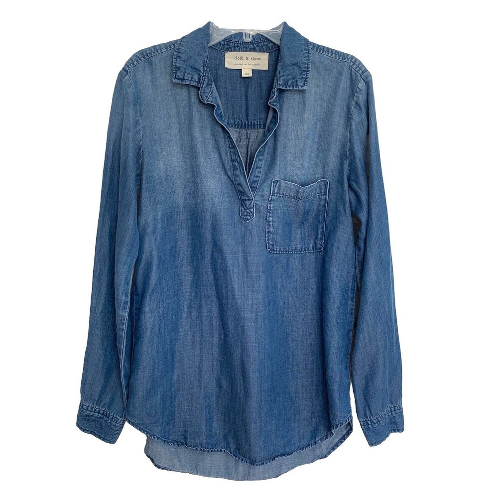 Cloth & Stone Blue Chambray Long Sleeve V-Neck Henley Pullover Shirt Top XS - Picture 2 of 5